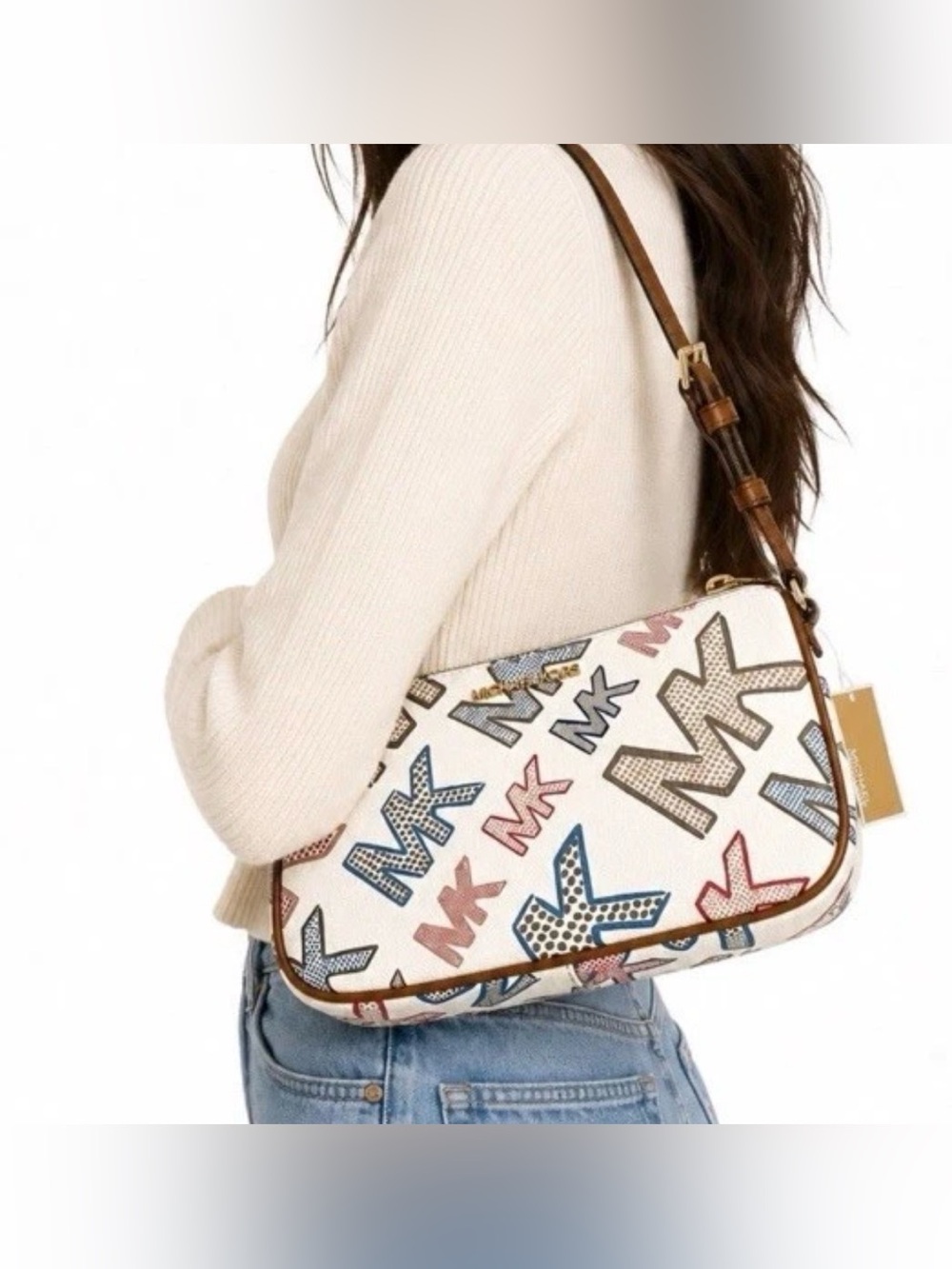 Michael Kors White Multicolor MK Logo Shoulder Bag with Brown Trim - Picture 8 of 16